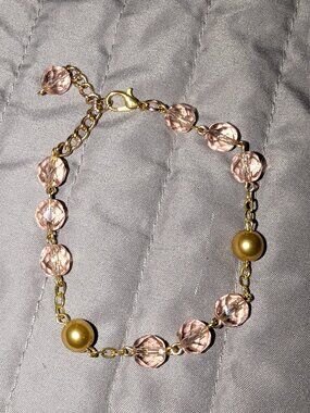 $1 with Bundle ~ Pink Crystal & Gold Bead Bracelet Adjustable Chain 6415